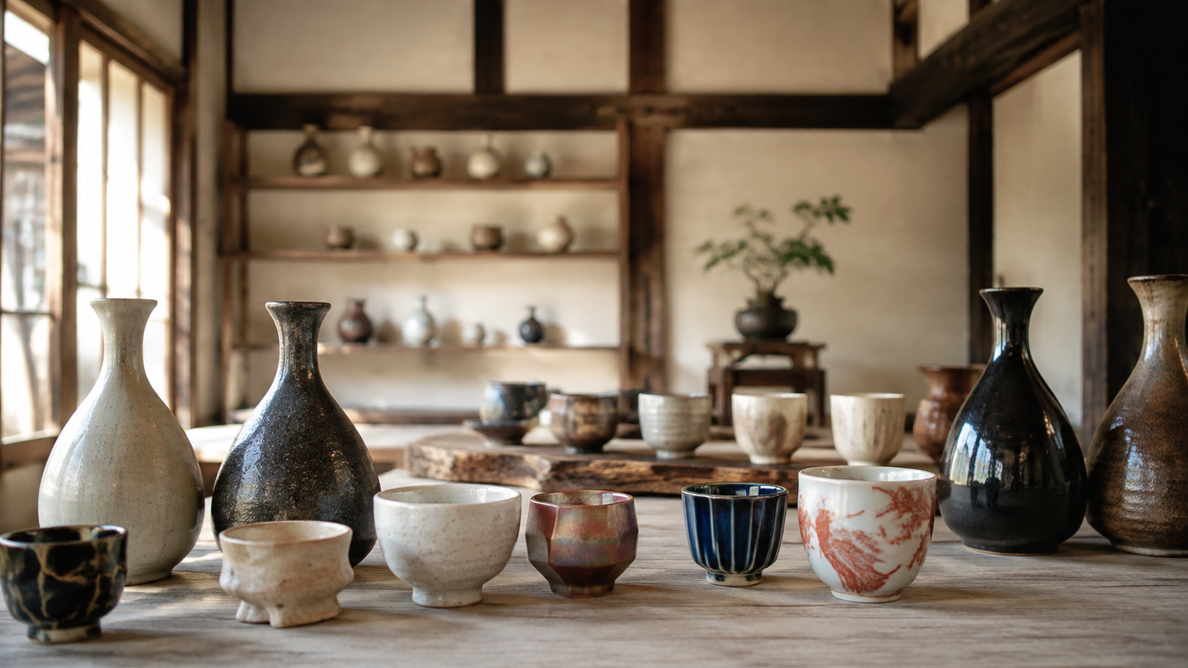 多彩な酒器とコップの展示をイメージしたオリジナル画像